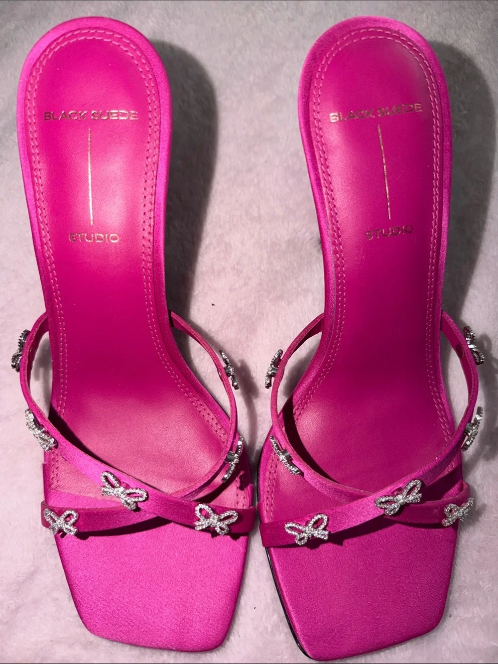 Black Suede Studio Fuchsia Pink Embellished Strappy Heeled Sandals - Picture 1 of 2